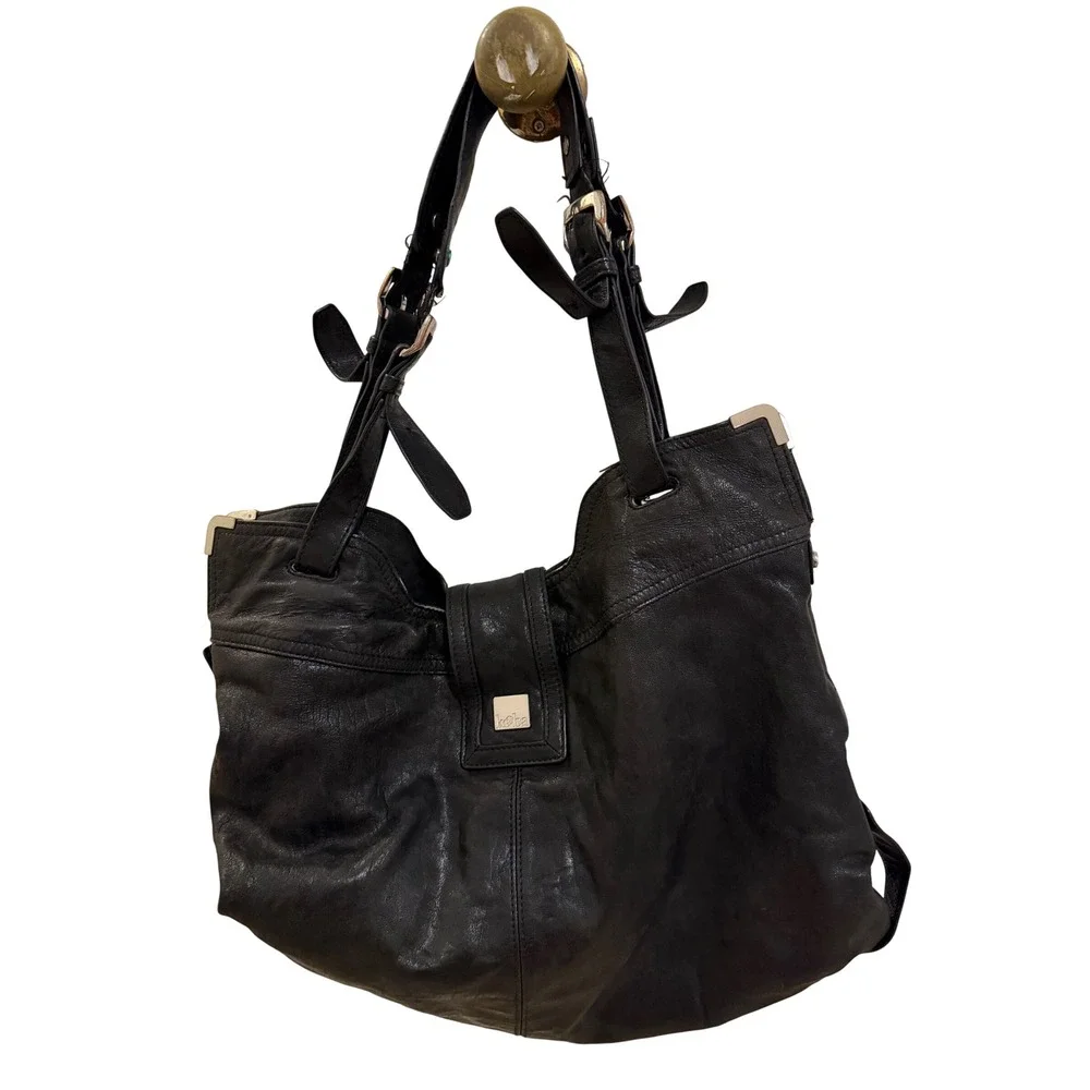 Vintage Kooba Natasha Leather Convertible Tote Hobo Bag Black Y2K Buckle Straps